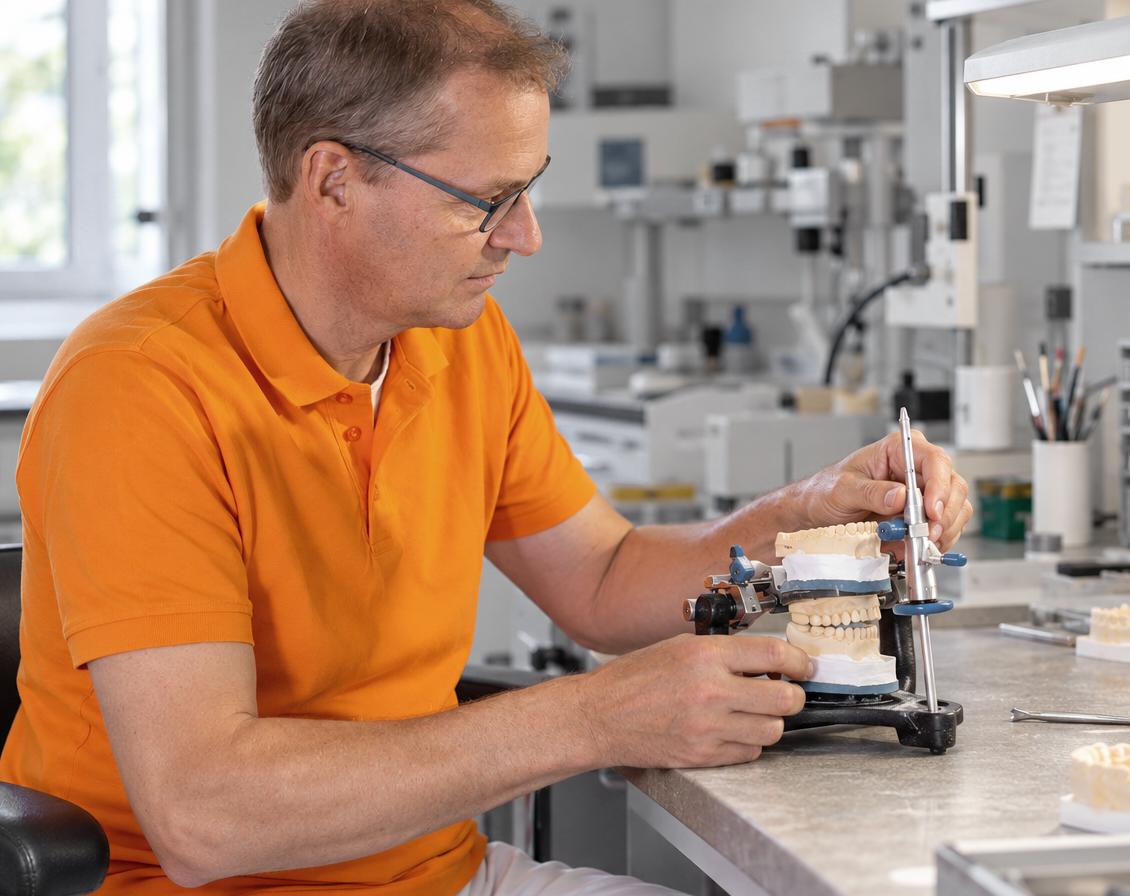 Dr. Arnd Schmitt bei der Arbeit am Artikulator im Praxislabor