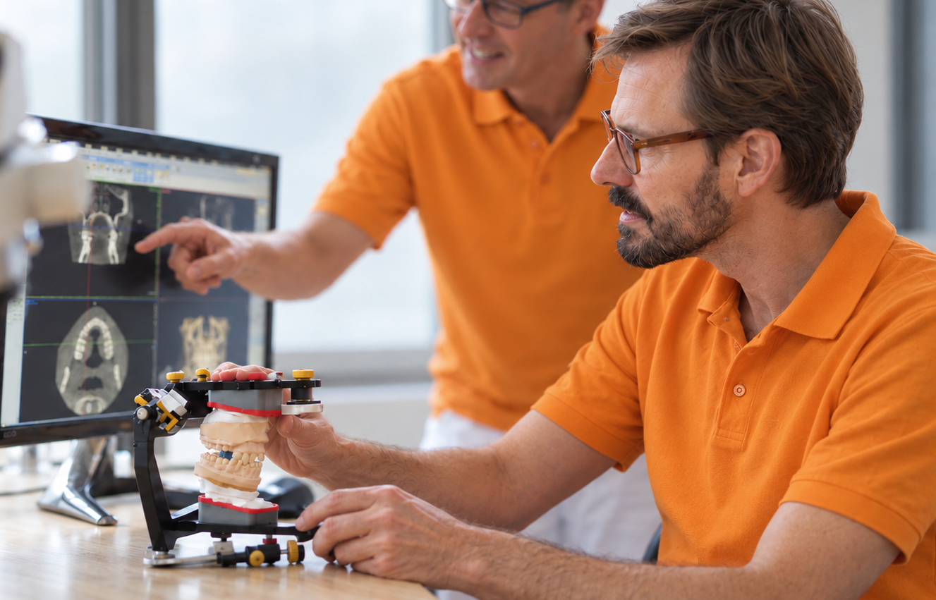 Dr. Arnd Schmitt und Dr. Ulrich Schmitt besprechen einen Befund am Modell